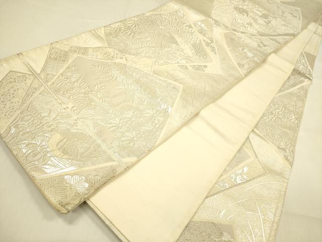 平和屋着物◎六通柄袋帯　蒔絵錦　色紙花鳥文　銀糸　正絹　逸品　DABA6997op