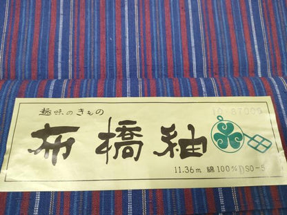 平和屋着物∴夏物 浴衣 布橋紬 反物 着尺 縞 綿 逸品 未使用 DABA7034zzz