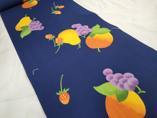 平和屋着物∴夏物 浴衣・小紋兼用 反物 着尺 courreges クレージュ フルーツ柄 果物 洗える着物 未使用 DABA7085zzz