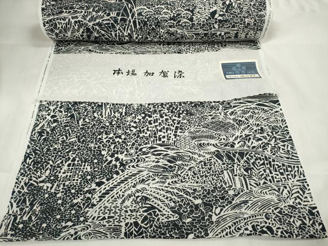 平和屋着物＊夏物　小紋　反物　着尺　絽　本場加賀染　友禅　流水風景花文　黒地　洗える着物　未使用　DABA7086zzz 平和屋着物＊夏物 小紋 反物 着尺 絽 本場加賀染 友禅 流水風景花