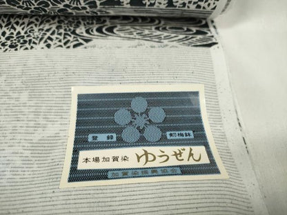 平和屋着物＊夏物 小紋 反物 着尺 絽 本場加賀染 友禅 流水風景花文 黒地 洗える着物 未使用 DABA7086zzz