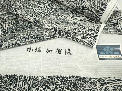 平和屋着物＊夏物 小紋 反物 着尺 絽 本場加賀染 友禅 流水風景花文 黒地 洗える着物 未使用 DABA7086zzz