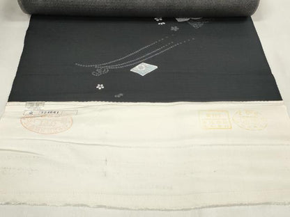 平和屋着物＊夏物　小紋　反物　着尺　絽　冊子花文　黒地　逸品　未使用　DABA7094zzz