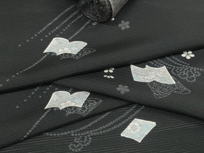 平和屋着物＊夏物　小紋　反物　着尺　絽　冊子花文　黒地　逸品　未使用　DABA7094zzz