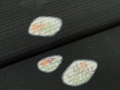 平和屋着物＊夏物 小紋 反物 着尺 絽 貝合わせ花文 黒地 洗える着物 未使用 DABA7098zzz