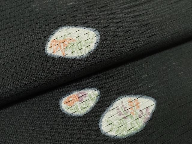 平和屋着物＊夏物 小紋 反物 着尺 絽 貝合わせ花文 黒地 洗える着物 未使用 DABA7098zzz