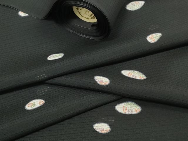 平和屋着物＊夏物 小紋 反物 着尺 絽 貝合わせ花文 黒地 洗える着物 未使用 DABA7098zzz