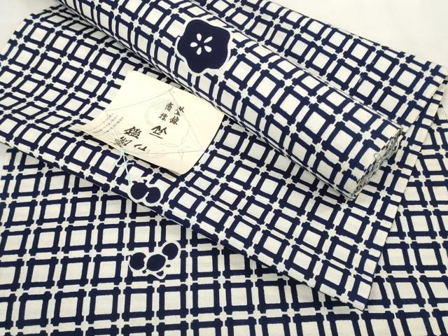 平和屋着物∴夏物 竺仙 浴衣 反物 着尺 格子 梅 証紙付き 綿 逸品 未使用 DABA7114zzz