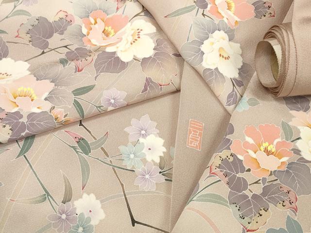 平和屋着物○付下げ 反物 着尺 友禅 作家物 枝花文 浜ちりめん