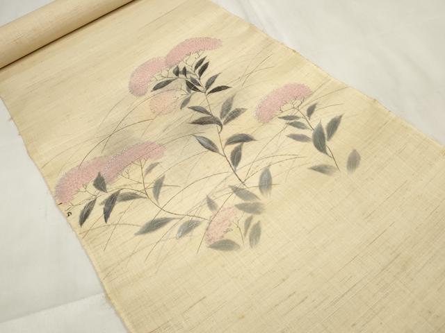 平和屋着物＊夏物　名古屋帯　帯反物　手描き　草花文　女郎花　銀彩　麻　逸品　未使用　DABA7235zzz