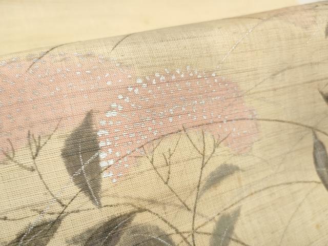 平和屋着物＊夏物　名古屋帯　帯反物　手描き　草花文　女郎花　銀彩　麻　逸品　未使用　DABA7235zzz