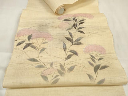 平和屋着物＊夏物　名古屋帯　帯反物　手描き　草花文　女郎花　銀彩　麻　逸品　未使用　DABA7235zzz