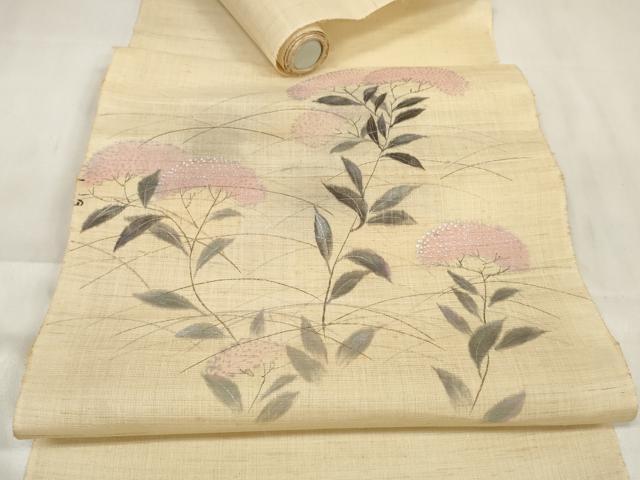 平和屋着物＊夏物　名古屋帯　帯反物　手描き　草花文　女郎花　銀彩　麻　逸品　未使用　DABA7235zzz