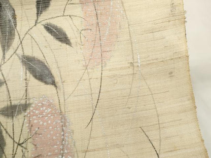 平和屋着物＊夏物　名古屋帯　帯反物　手描き　草花文　女郎花　銀彩　麻　逸品　未使用　DABA7235zzz