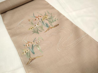 平和屋着物＊夏物 袋帯 帯反物 絽刺し 区限刺繍 菖蒲 アヤメ 金糸 裏地付き 逸品 未使用 DABA7325zzz
