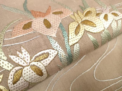 平和屋着物＊夏物 袋帯 帯反物 絽刺し 区限刺繍 菖蒲 アヤメ 金糸 裏地付き 逸品 未使用 DABA7325zzz