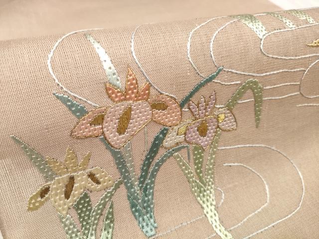 平和屋着物＊夏物 袋帯 帯反物 絽刺し 区限刺繍 菖蒲 アヤメ 金糸 裏地付き 逸品 未使用 DABA7325zzz