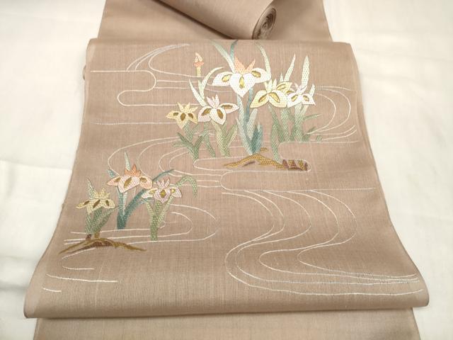 平和屋着物＊夏物 袋帯 帯反物 絽刺し 区限刺繍 菖蒲 アヤメ 金糸 裏地付き 逸品 未使用 DABA7325zzz
