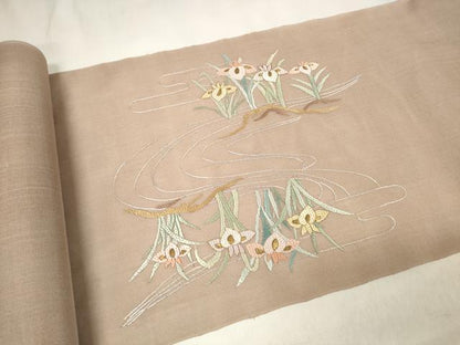 平和屋着物＊夏物 袋帯 帯反物 絽刺し 区限刺繍 菖蒲 アヤメ 金糸 裏地付き 逸品 未使用 DABA7325zzz