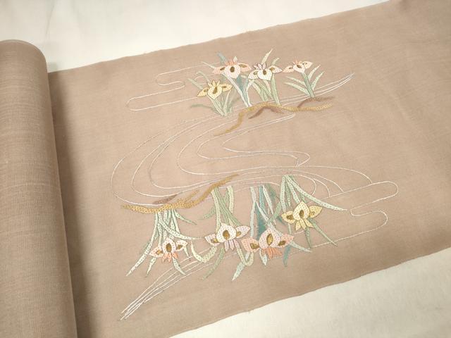 平和屋着物＊夏物 袋帯 帯反物 絽刺し 区限刺繍 菖蒲 アヤメ 金糸 裏地付き 逸品 未使用 DABA7325zzz