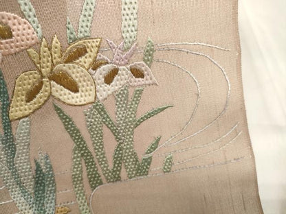 平和屋着物＊夏物 袋帯 帯反物 絽刺し 区限刺繍 菖蒲 アヤメ 金糸 裏地付き 逸品 未使用 DABA7325zzz