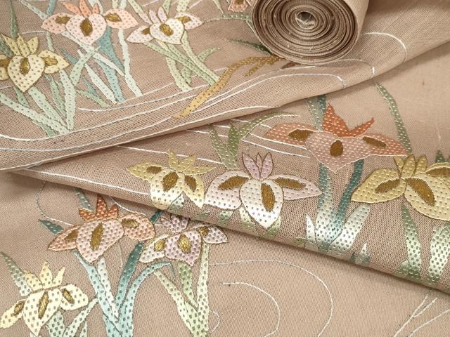 平和屋着物＊夏物 袋帯 帯反物 絽刺し 区限刺繍 菖蒲 アヤメ 金糸 裏地付き 逸品 未使用 DABA7325zzz