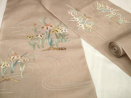 平和屋着物＊夏物 袋帯 帯反物 絽刺し 区限刺繍 菖蒲 アヤメ 金糸 裏地付き 逸品 未使用 DABA7325zzz