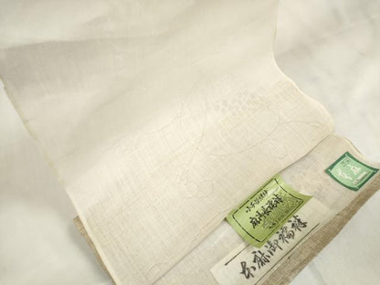 平和屋着物＊夏物　長襦袢　反物　着尺　小千谷紋紗　葡萄唐草紋紗　生成り色　証紙付き　麻　逸品　未使用　DABA7496zzz