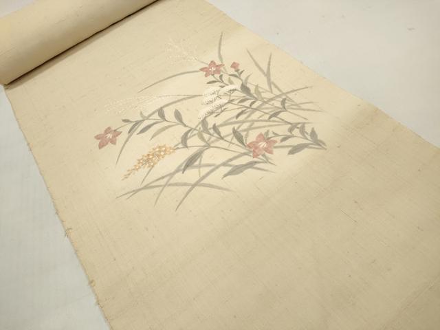 平和屋着物●染織の名門 しょうざん 生紬 付下げ 反物 着尺 手描き 草花文 逸品 未使用 DABA7622zzz