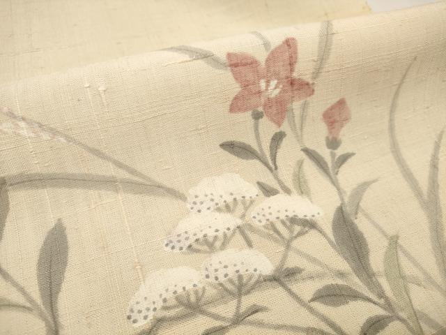 平和屋着物●染織の名門 しょうざん 生紬 付下げ 反物 着尺 手描き 草花文 逸品 未使用 DABA7622zzz
