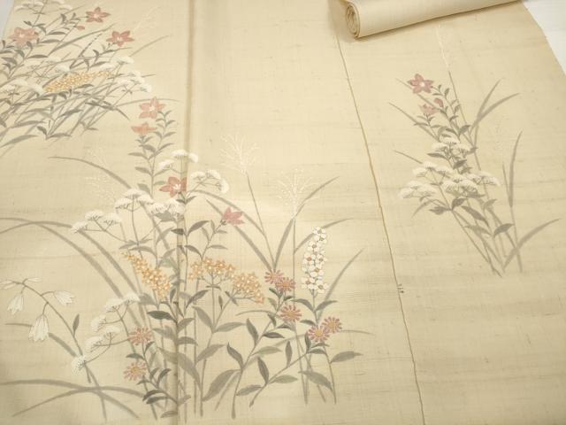 平和屋着物●染織の名門 しょうざん 生紬 付下げ 反物 着尺 手描き 草花文 逸品 未使用 DABA7622zzz