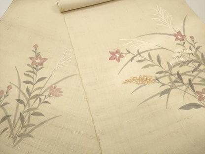 平和屋着物●染織の名門 しょうざん 生紬 付下げ 反物 着尺 手描き 草花文 逸品 未使用 DABA7622zzz