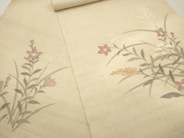 平和屋着物●染織の名門 しょうざん 生紬 付下げ 反物 着尺 手描き 草花文 逸品 未使用 DABA7622zzz