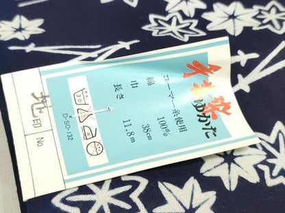 平和屋着物＊夏物 浴衣 反物 着尺 手芸染 松葉楓文 紺地 コーマ糸使用 綿 逸品 未使用 DABA7654zzz