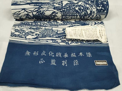 平和屋着物＊夏物 浴衣 反物 着尺 綿絽 無形文化財長板本染 正藍別染 風景文 綿 逸品 未使用 DABA7656zzz