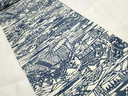 平和屋着物＊夏物 浴衣 反物 着尺 綿絽 無形文化財長板本染 正藍別染 風景文 綿 逸品 未使用 DABA7656zzz