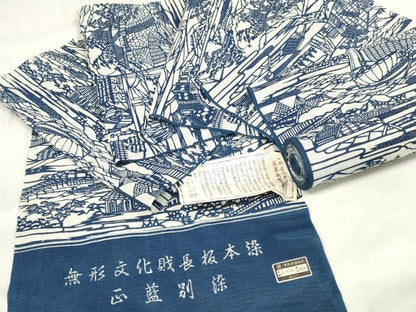 平和屋着物＊夏物 浴衣 反物 着尺 綿絽 無形文化財長板本染 正藍別染 風景文 綿 逸品 未使用 DABA7656zzz