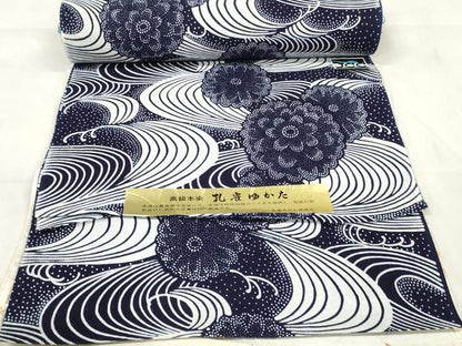 平和屋着物＊夏物　浴衣　反物　着尺　高級本染　孔雀ゆかた　流水菊文　綿　逸品　未使用　DABA7855zzz