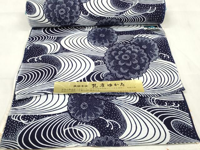 平和屋着物＊夏物　浴衣　反物　着尺　高級本染　孔雀ゆかた　流水菊文　綿　逸品　未使用　DABA7855zzz