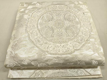 平和屋着物◎六通柄袋帯　絵皿花鳥文　銀糸　正絹　逸品　DABA8031xg