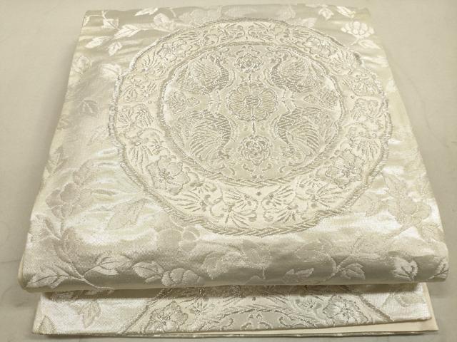 平和屋着物◎六通柄袋帯　絵皿花鳥文　銀糸　正絹　逸品　DABA8031xg