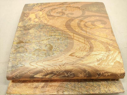 平和屋着物◎六通柄袋帯　流水花文　金糸　正絹　逸品　DABA8043xg