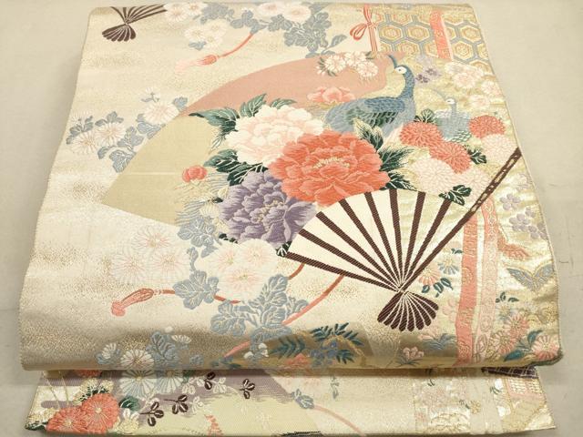 平和屋着物◎六通柄袋帯　唐織　几帳扇孔雀文　金糸　九百錦　正絹　逸品　DABA8049xg