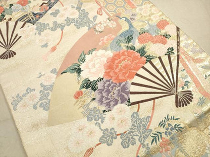 平和屋着物◎六通柄袋帯　唐織　几帳扇孔雀文　金糸　九百錦　正絹　逸品　DABA8049xg