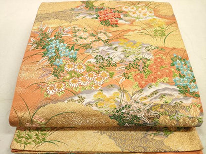平和屋着物◎六通柄袋帯　唐織　草花文　金糸　正絹　逸品　DABA8062xg