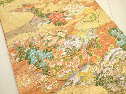 平和屋着物◎六通柄袋帯　唐織　草花文　金糸　正絹　逸品　DABA8062xg
