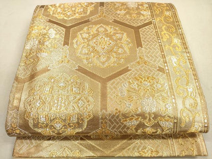 平和屋着物◎六通柄袋帯　亀甲花文　金銀糸　正絹　逸品　DABA8067xg