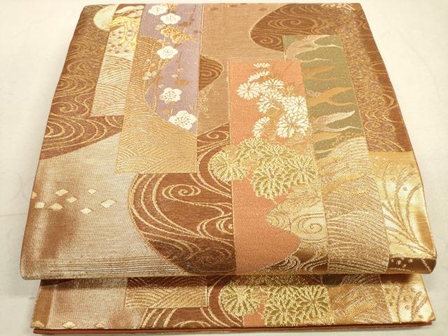 平和屋着物◎六通柄袋帯　唐織　短冊花文　織巧　金糸　正絹　逸品　DABA8069xg