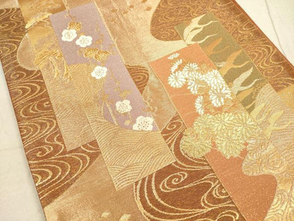 平和屋着物◎六通柄袋帯　唐織　短冊花文　織巧　金糸　正絹　逸品　DABA8069xg