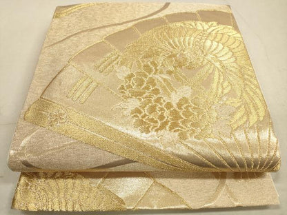 平和屋着物◎六通柄袋帯　檜扇花鳥文　金糸　正絹　逸品　DABA8155xg